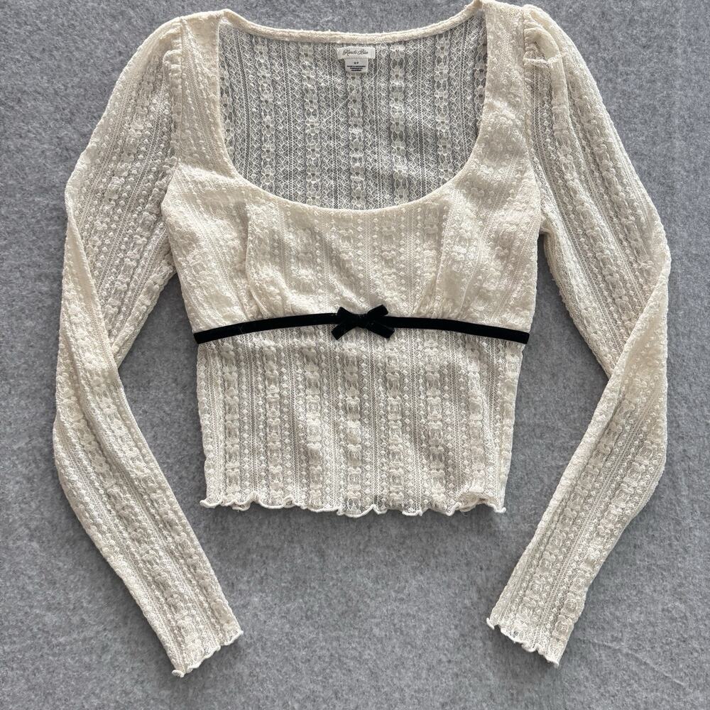 Anthropologie Kimchi Blue Ivory Lace Top Sz S Velvet Bow Balletcore Sheer Ballet